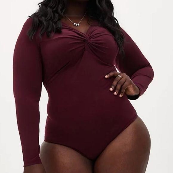 BURGUNDY PURPLE STUDIO KNIT TWIST FRONT BODYSUIT - Picture 2 of 6